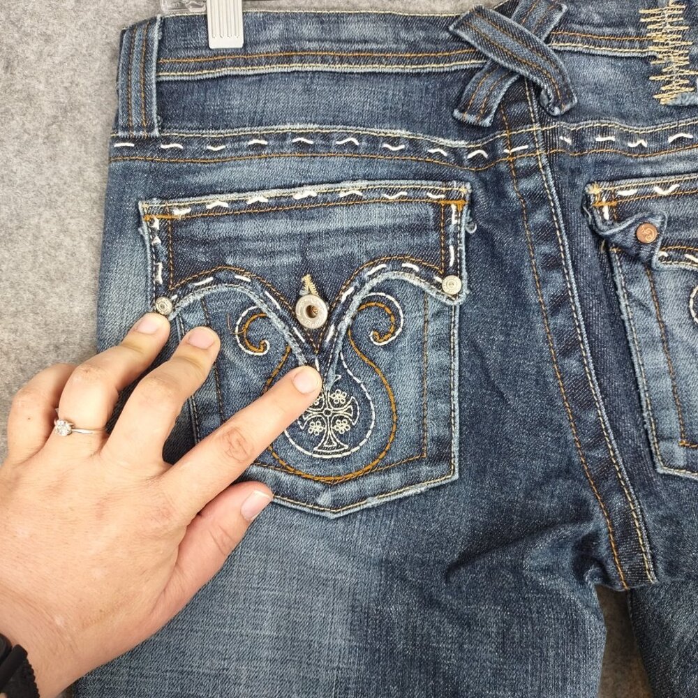 Plastic by GLY Jeans Womens Sz 11 Designer Embroidered Flare Low Rise Jeans Y2K - Picture 8 of 16